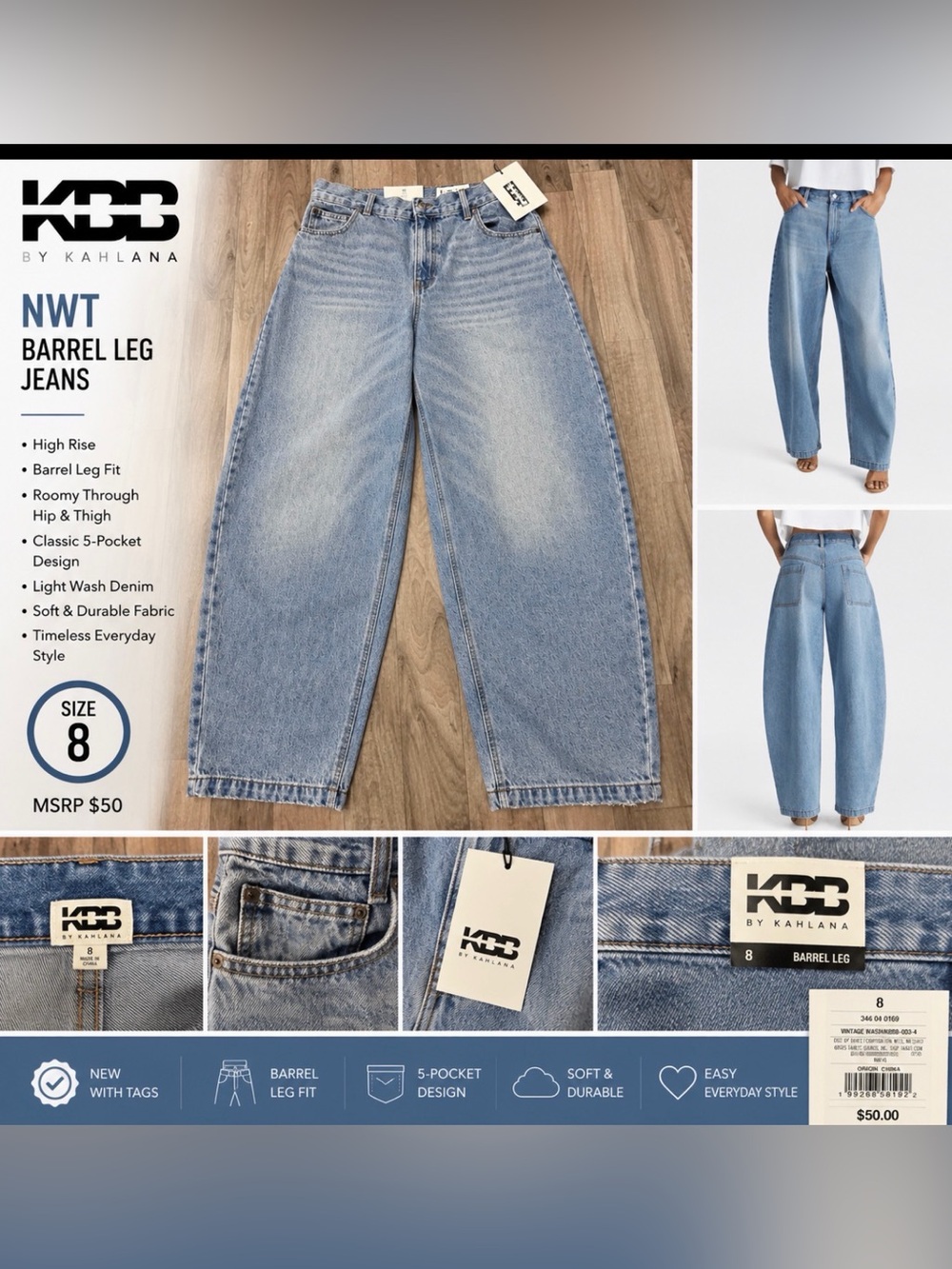 KBB by Kahlana High Rise Barrel Leg Jeans | NWT | Size 8 | Light Wash Denim